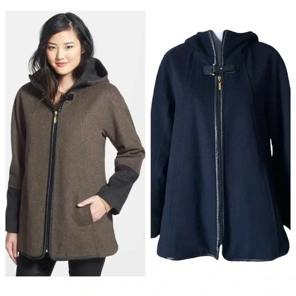 ELLEN TRACY | Faux Leather Trim Wool Blend Swing Duffle Blue Coat Size 4 - Picture 1 of 11
